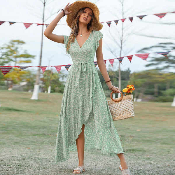 Elegant Long Dress Women's Short-sleeved V-neck Bohemian Strappy Holiday Dress
